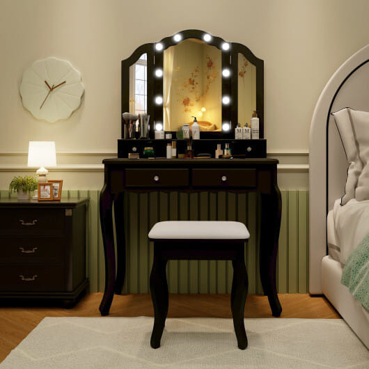 Makeup Vanity Table Set with Lighted Mirror and Drawers-Black - Color: Black