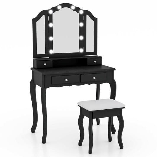 Makeup Vanity Table Set with Lighted Mirror and Drawers-Black - Color: Black