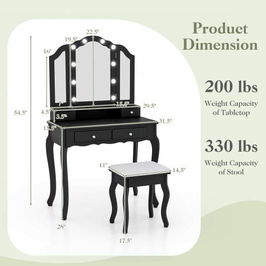 Makeup Vanity Table Set with Lighted Mirror and Drawers-Black - Color: Black