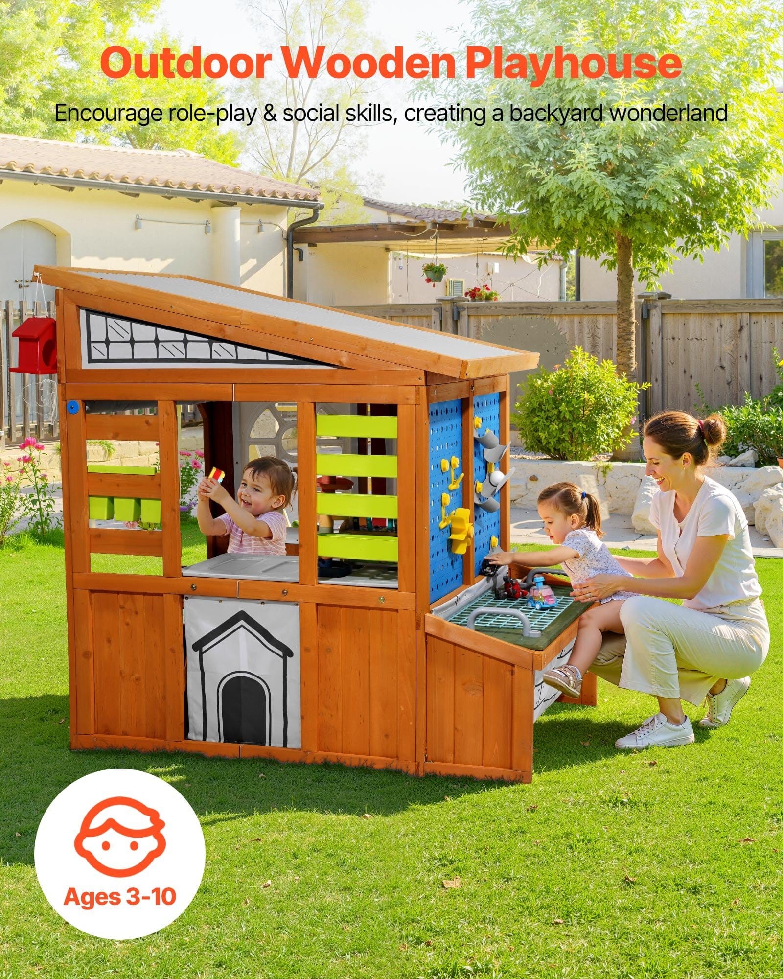 Outdoor Playhouse, Cedar Wooden Kids Playhouse with Bird Nest, Doorbell, Trash Bin, Gravity Wall Set, Storage Pocket, Windowsill, Wooden Kids Cottage for Aged 3 to 10, Rounded Corners