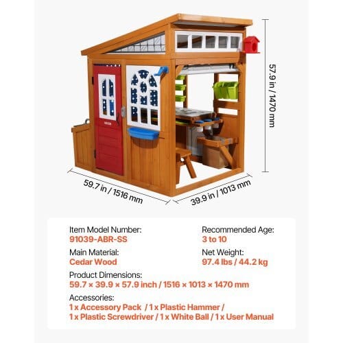 Outdoor Playhouse, Cedar Wooden Kids Playhouse with Bird Nest, Doorbell, Trash Bin, Gravity Wall Set, Storage Pocket, Windowsill, Wooden Kids Cottage for Aged 3 to 10, Rounded Corners