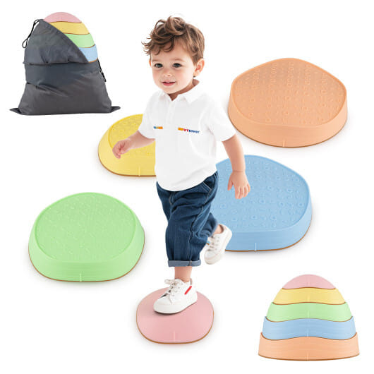 Stepping Stones for Kids 5 PCS Non-Slip Balance Stones with Storage Bag-Macaron - Color: Macaron