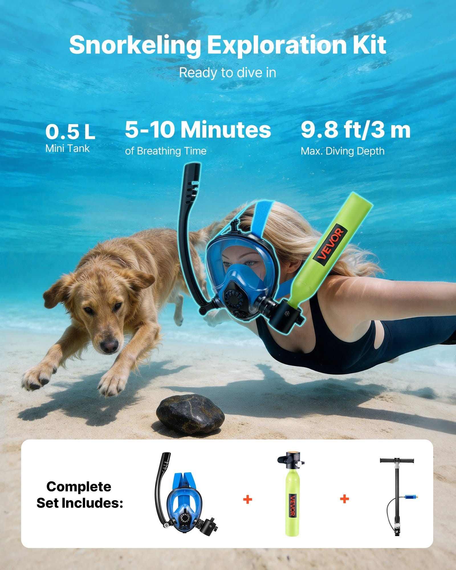 Mini Scuba Tank with Sub-Mask, 0.5L Portable Diving Tank for Underwater Breathing, Reusable Lung Diving Cylinder up to 10 Minutes Dive Time, Emergency Rescue Pony Bottle with Pump for Snorkeling