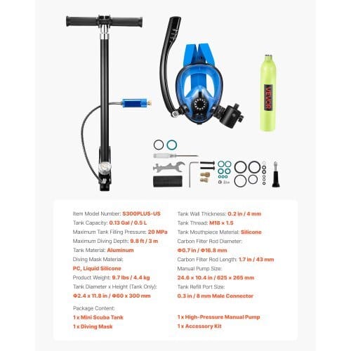 Mini Scuba Tank with Sub-Mask, 0.5L Portable Diving Tank for Underwater Breathing, Reusable Lung Diving Cylinder up to 10 Minutes Dive Time, Emergency Rescue Pony Bottle with Pump for Snorkeling