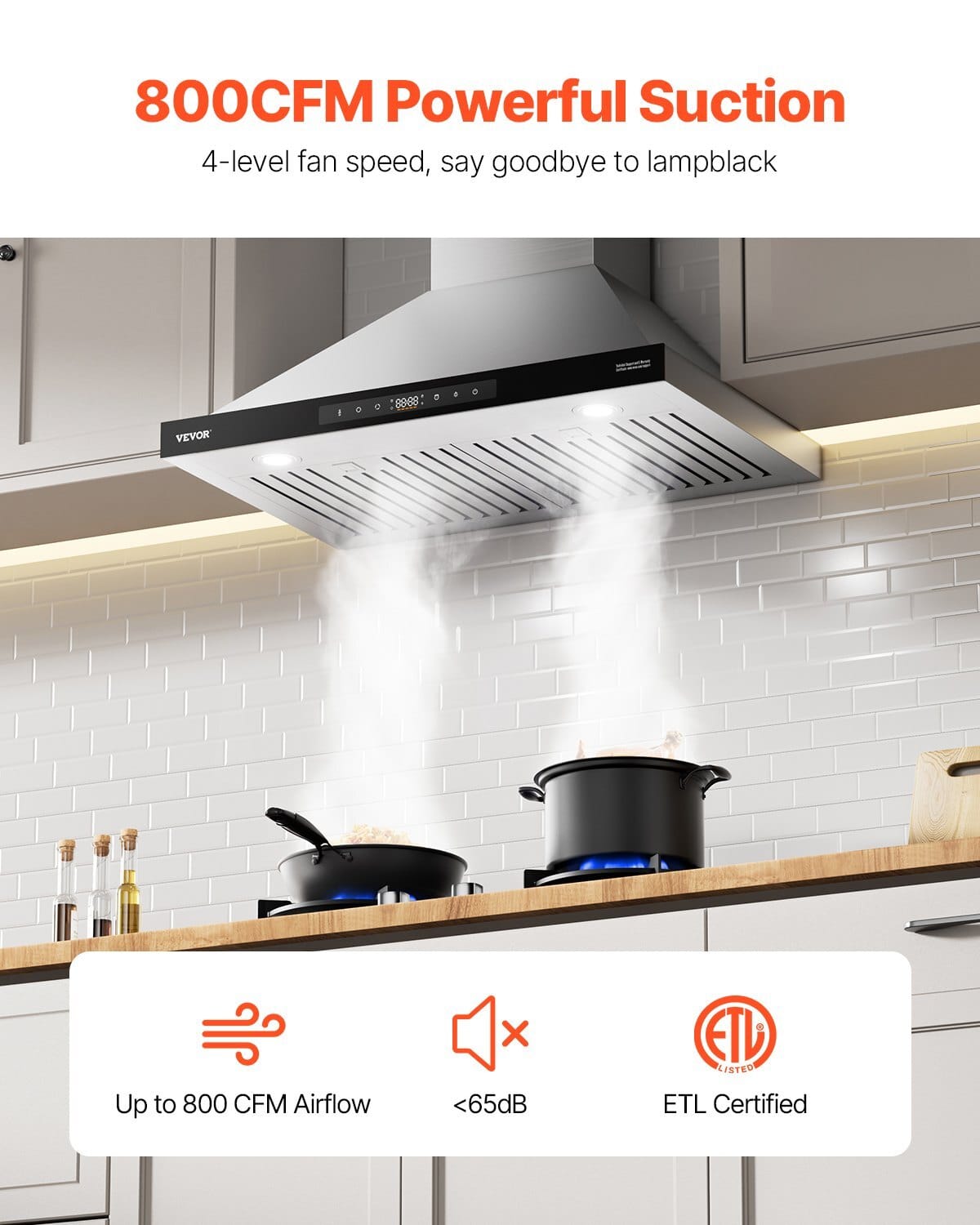 Wall Mount Range Hood, 36 inch Chimney-Style Ceiling Mount Vent, 800 CFM Stainless Steel Kitchen Stove Hood with Gesture & Touch Control, LED Light, Baffle Filters, Ducted/Ductless Convertible