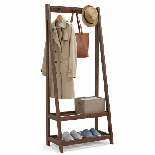 Freestanding Clothes Rack with 3 Hooks and 2 Shelves-Walnut - Color: Walnut