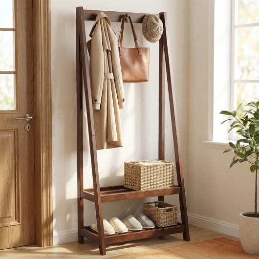 Freestanding Clothes Rack with 3 Hooks and 2 Shelves-Walnut - Color: Walnut