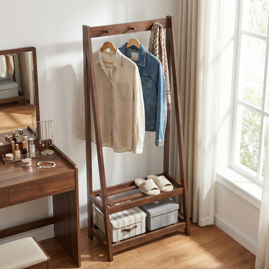 Freestanding Clothes Rack with 3 Hooks and 2 Shelves-Walnut - Color: Walnut