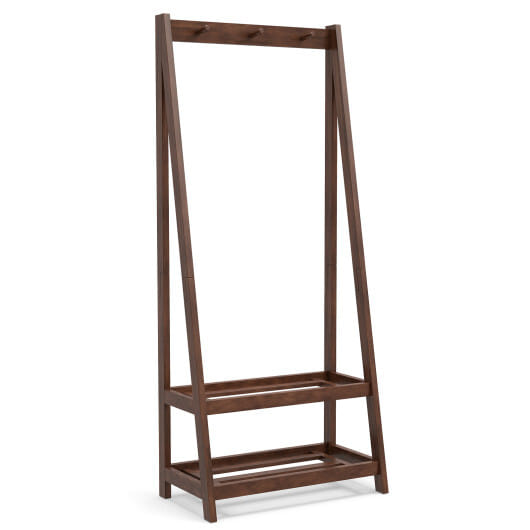 Freestanding Clothes Rack with 3 Hooks and 2 Shelves-Walnut - Color: Walnut