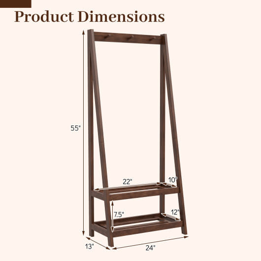 Freestanding Clothes Rack with 3 Hooks and 2 Shelves-Walnut - Color: Walnut
