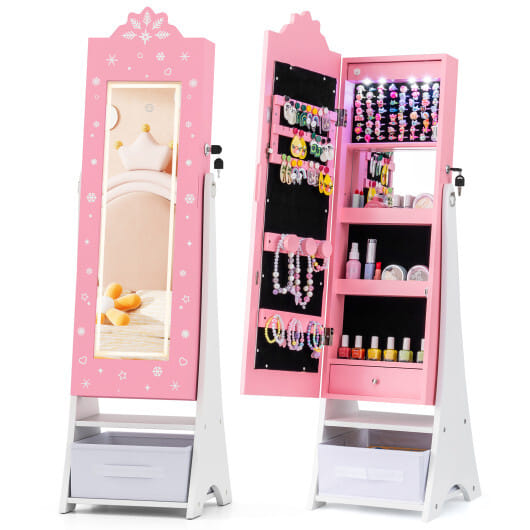Kids Jewelry Armoire Freestanding Jewelry Cabinet with 3-Color Lighted Full Length Mirror-Pink - Color: Pink
