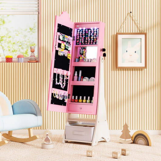 Kids Jewelry Armoire Freestanding Jewelry Cabinet with 3-Color Lighted Full Length Mirror-Pink - Color: Pink
