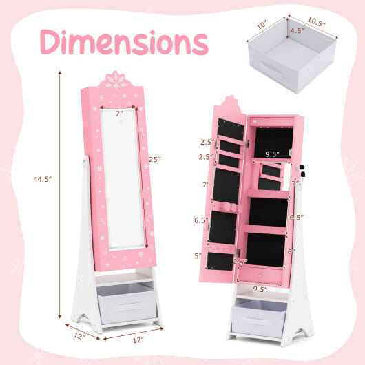 Kids Jewelry Armoire Freestanding Jewelry Cabinet with 3-Color Lighted Full Length Mirror-Pink - Color: Pink