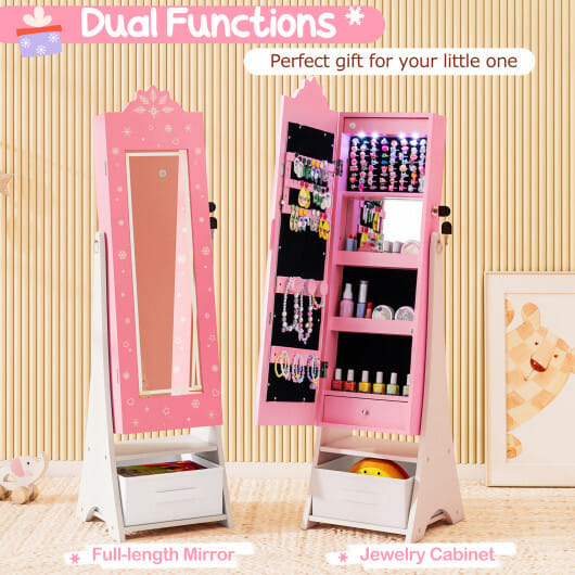 Kids Jewelry Armoire Freestanding Jewelry Cabinet with 3-Color Lighted Full Length Mirror-Pink - Color: Pink