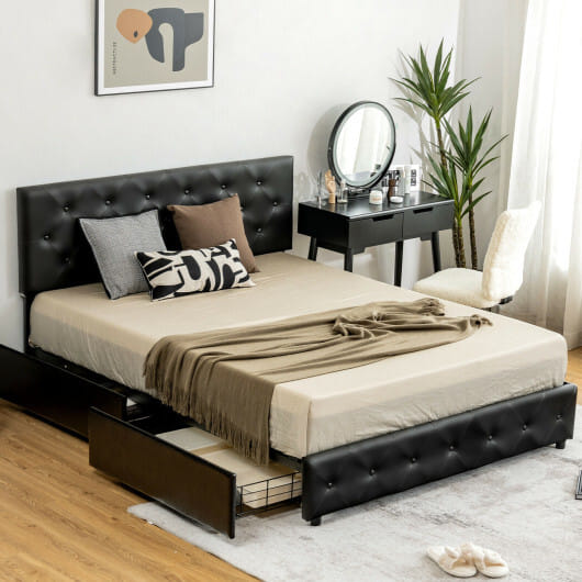 Full/Queen PU Leather Upholstered Platform Bed with 4 Drawers-Full Size - Color: Black - Size: Full Size