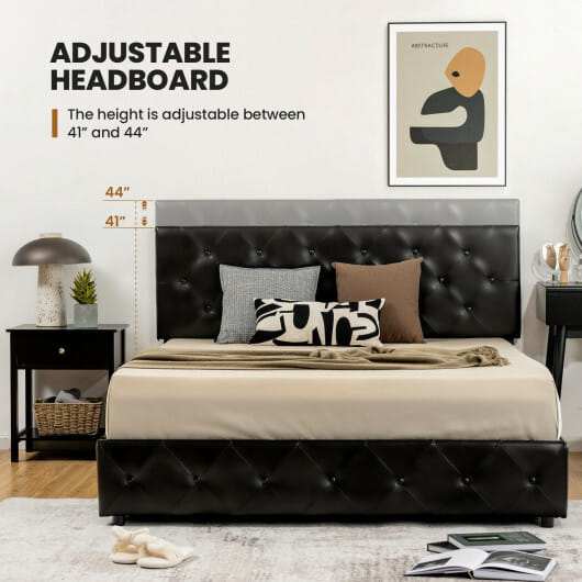 Full/Queen PU Leather Upholstered Platform Bed with 4 Drawers-Full Size - Color: Black - Size: Full Size