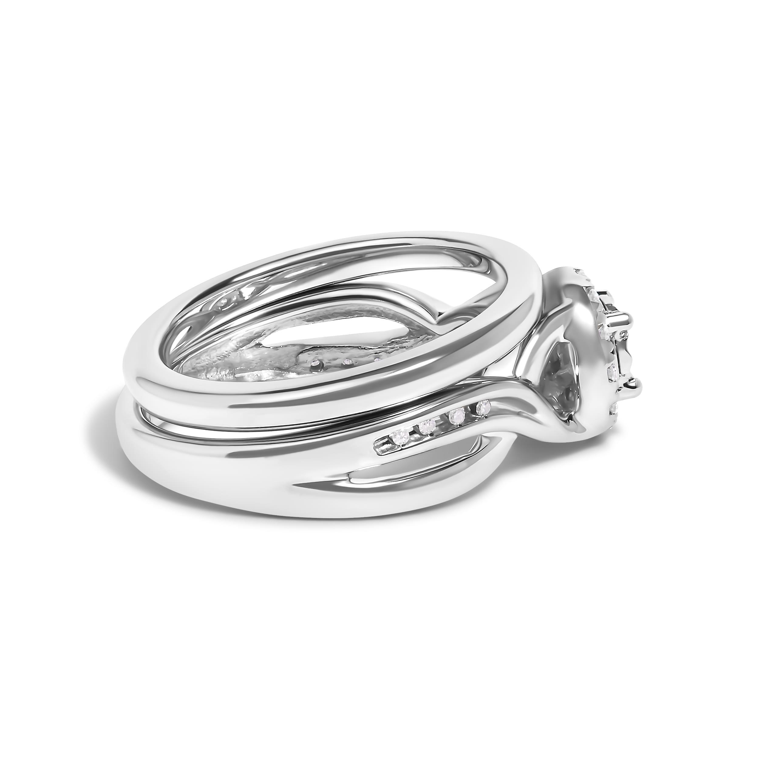 .925 Sterling Silver 1/7 Cttw Diamond Halo Bypass Engagement Ring and Wedding Band Set (I-J Color, I3 Clarity) - Size 12