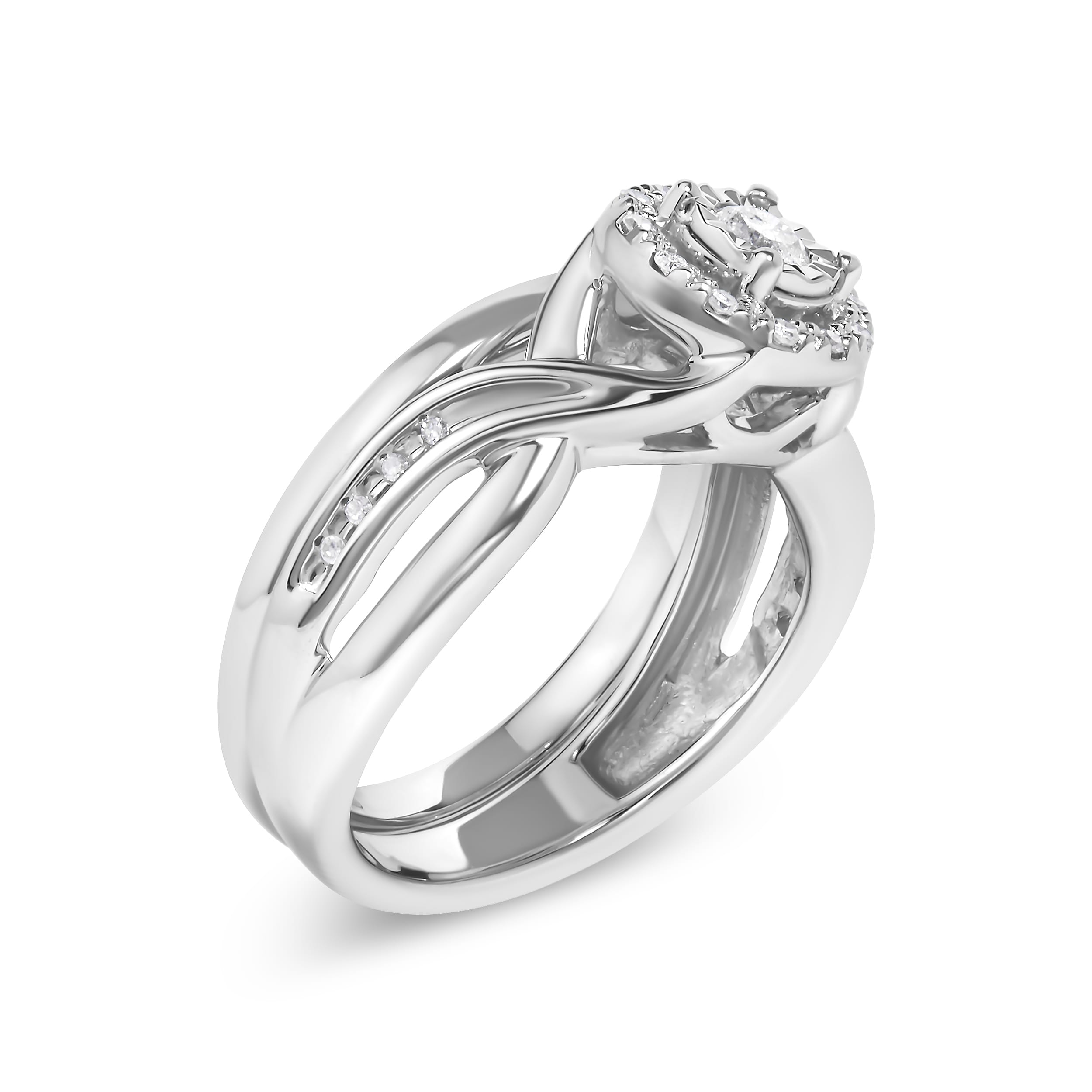 .925 Sterling Silver 1/7 Cttw Diamond Halo Bypass Engagement Ring and Wedding Band Set (I-J Color, I3 Clarity) - Size 12