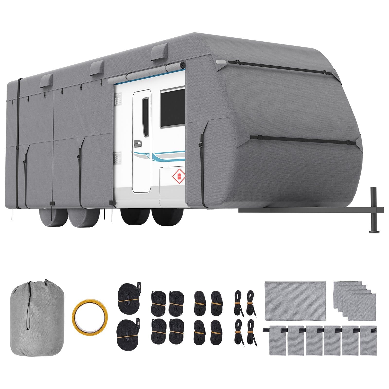 Travel Trailer Cover, 18-20 ft RV Cover, 4-Layer Non-Woven Fabric Camper Cover, Waterproof, Windproof and Rip-Stop Class A RV Cover, with Storage Bag, Repair Patches, Straps and Tire Covers
