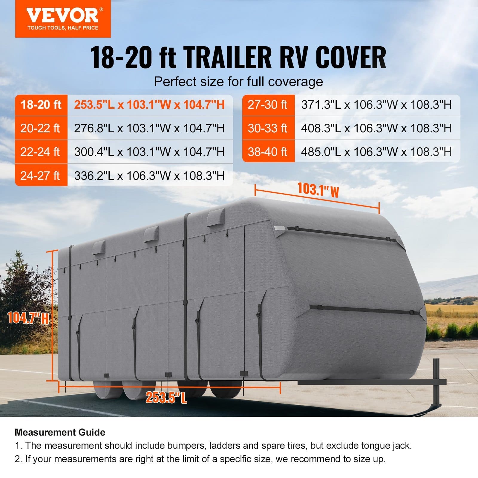 Travel Trailer Cover, 18-20 ft RV Cover, 4-Layer Non-Woven Fabric Camper Cover, Waterproof, Windproof and Rip-Stop Class A RV Cover, with Storage Bag, Repair Patches, Straps and Tire Covers