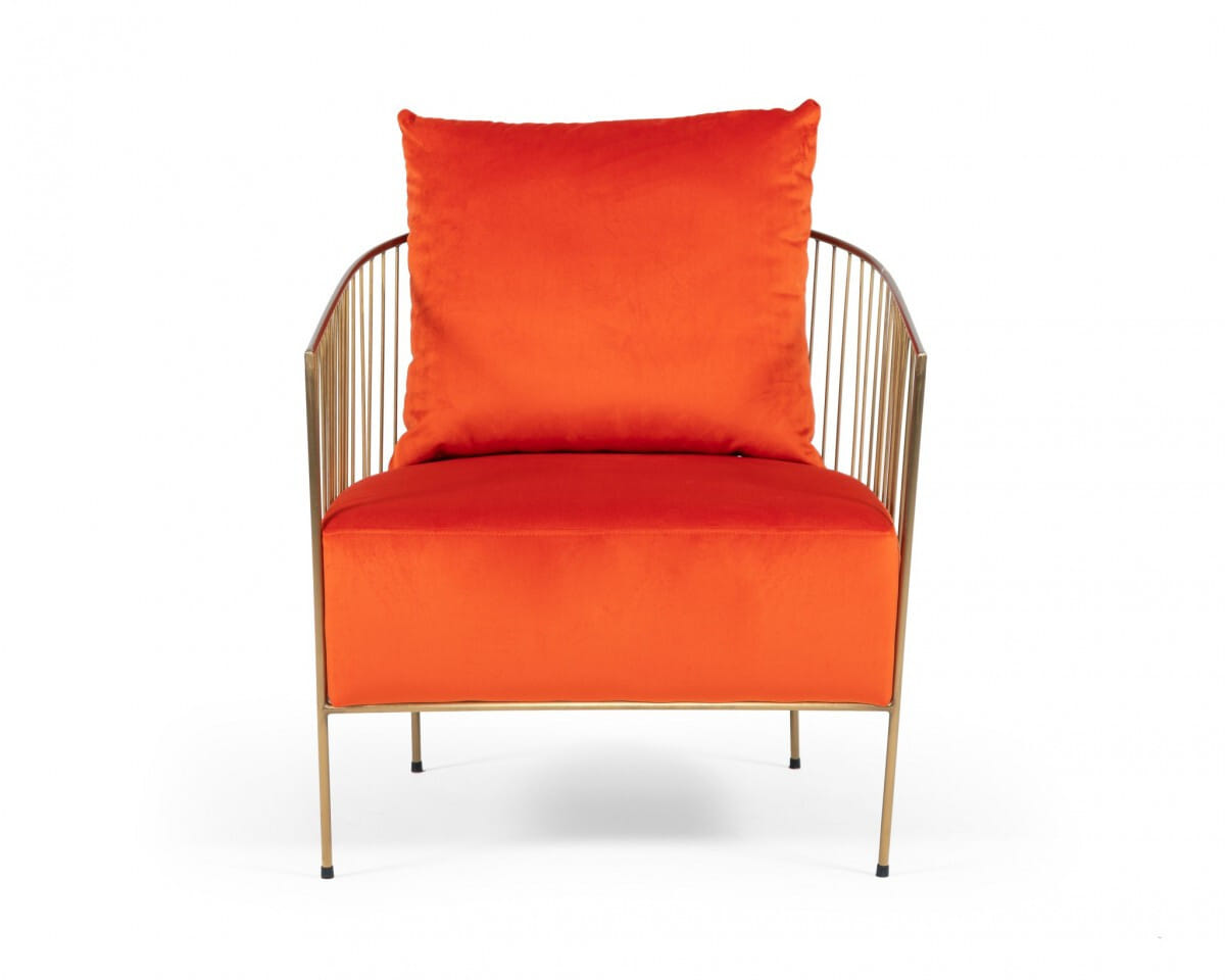 27" Orange Velvet And Gold Solid Color Arm Chair
