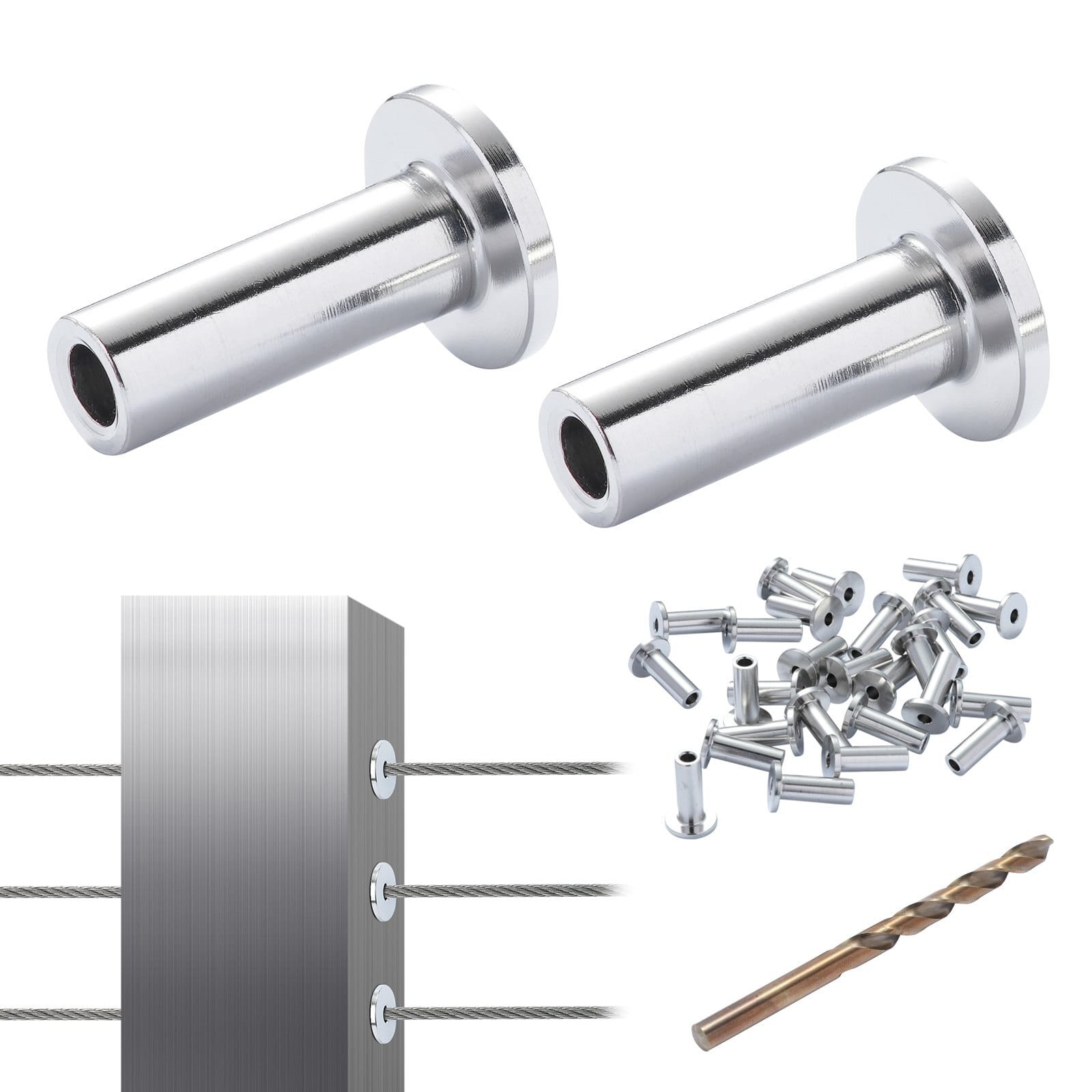 121 Pack T316 Stainless Steel Protector Sleeves for 1/8" Wire Rope Cable Railing, DIY Balustrade T316 Marine Grade, Come with A Free Drill Bit, Silver