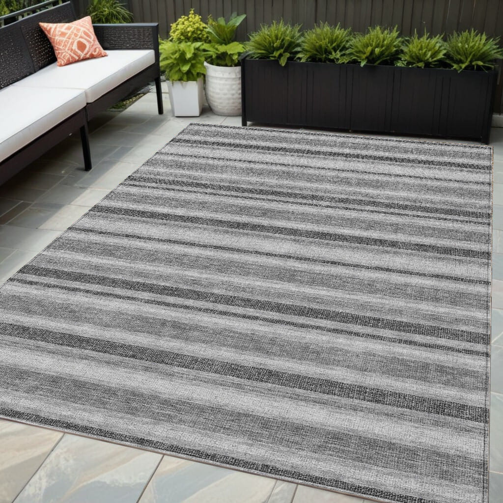 5' X 8' Gray and Black Striped Washable Non Skid Indoor Outdoor Area Rug