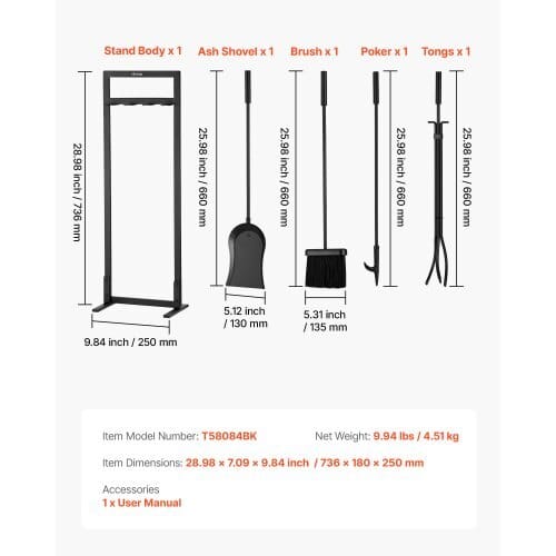 Fireplace Tool Set, 5 PCS Fire Tool Set and Holder with Square-Frame Stand, Tongs, Ash Shovel, Brush, Fire Place Poker, Wrought Iron Steel Fireplace Accessories for Indoor/Outdoor, Black