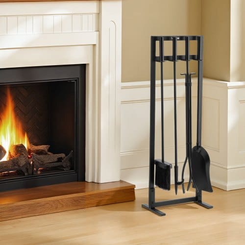 Fireplace Tool Set, 5 PCS Fire Tool Set and Holder with Square-Frame Stand, Tongs, Ash Shovel, Brush, Fire Place Poker, Wrought Iron Steel Fireplace Accessories for Indoor/Outdoor, Black