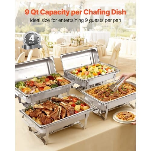 Rectangle Chafing Dish, 9 Qt 4 Pack Stainless Steel Chafing Dish, Food Warmer Chafer Complete Set with Hollow Handle, 2 Food Tongs, Lid, Fuel Holder, Chafer Dishes for Banquet Party Wedding