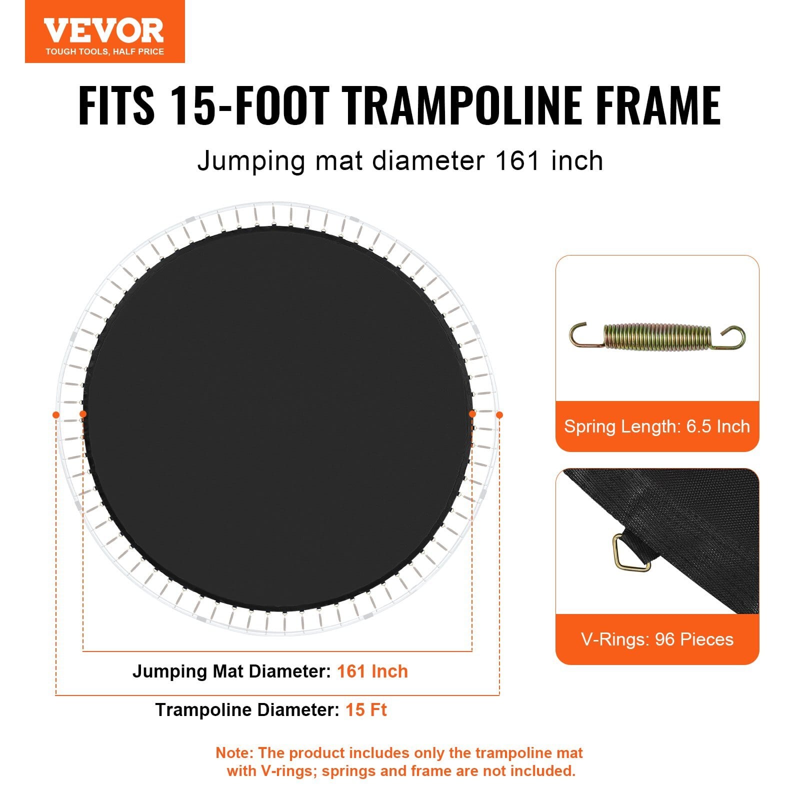 Replacement Trampoline Mat, Jumping Mat Fits 15ft Frame, Universal Jumping Mat for 15ft Round Trampoline, Reinforce UV-Resistant Mat with Spring Tool & Durable V-Rings, Fit 6.5" Spring Length