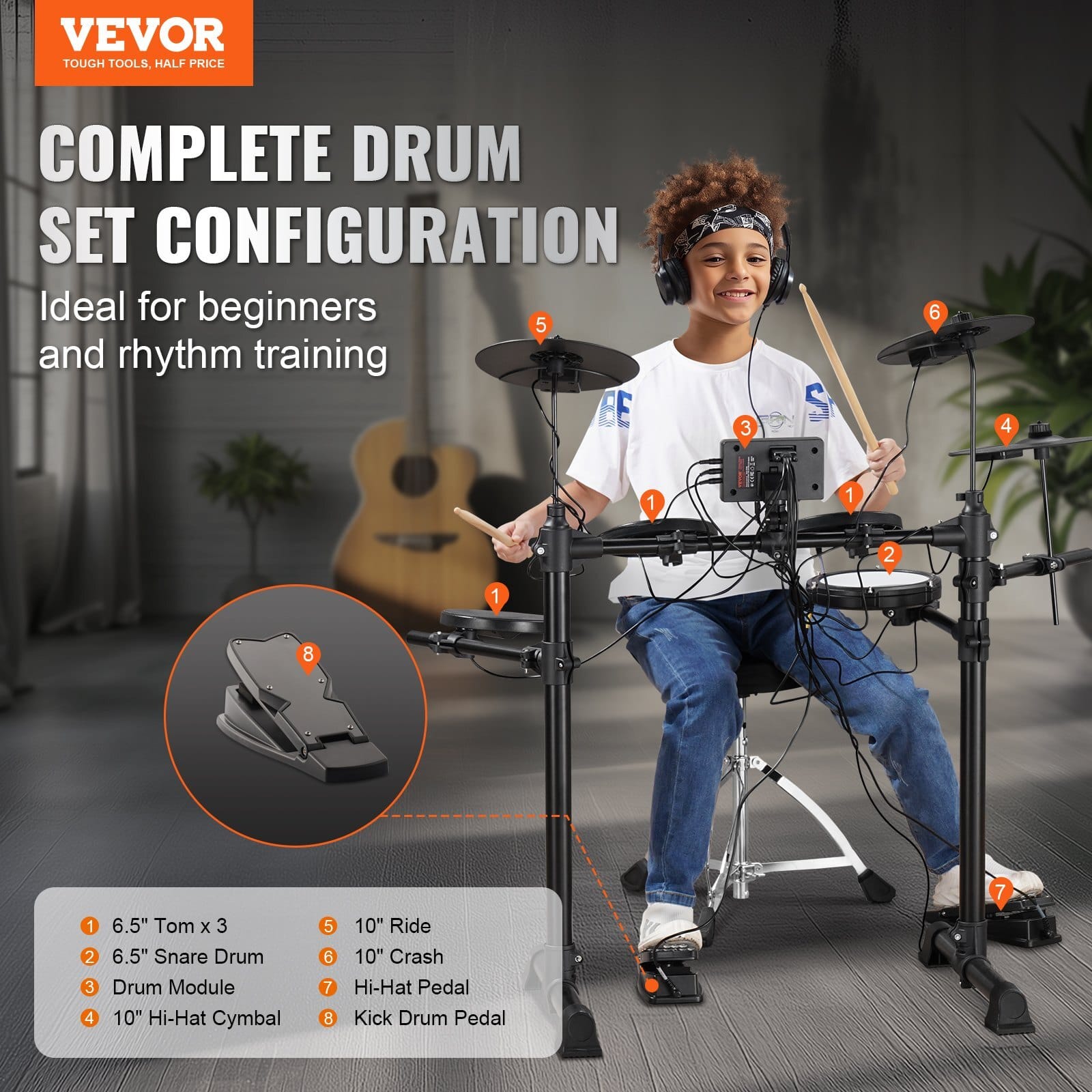 Electric Drum Set, 15 Drum Kits & 150 Sounds Electronic Drum Kit, USB MIDI Supported 6.5 in Quiet Mesh Snare Electric Drum Set with 10 in Cymbals Drum Sticks & Headphone, for Beginners & Adults