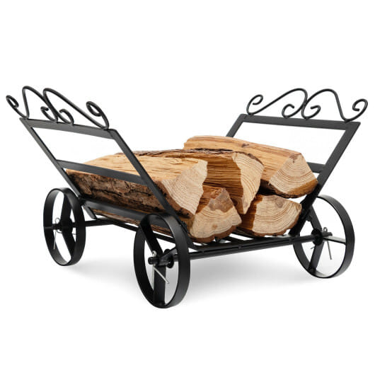 Firewood Rack Decorative Rustproof Steel Fireplace Log Holder with Wheels - Color: Black