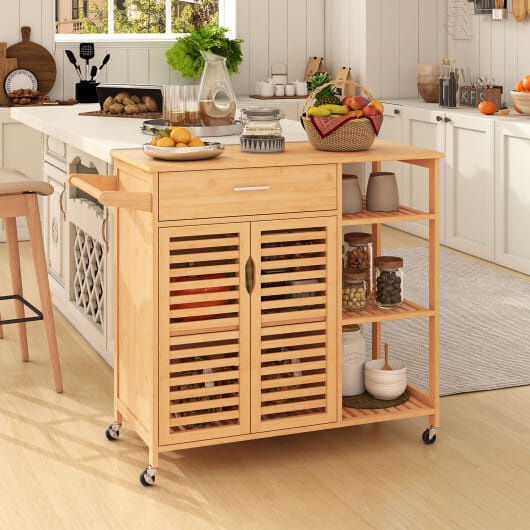 Kitchen Island Cart on Wheels with Sturdy Bamboo Frame-Natural - Color: Natural
