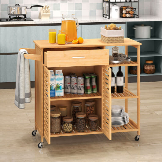 Kitchen Island Cart on Wheels with Sturdy Bamboo Frame-Natural - Color: Natural