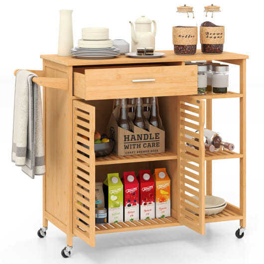 Kitchen Island Cart on Wheels with Sturdy Bamboo Frame-Natural - Color: Natural