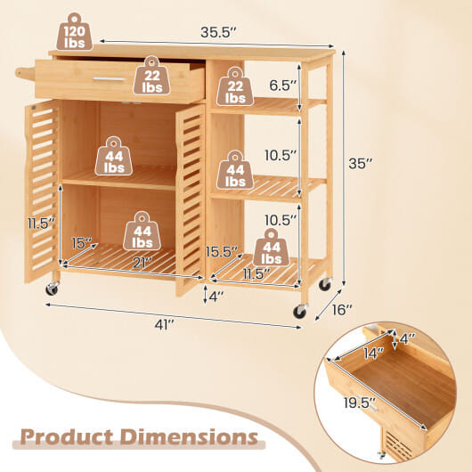 Kitchen Island Cart on Wheels with Sturdy Bamboo Frame-Natural - Color: Natural