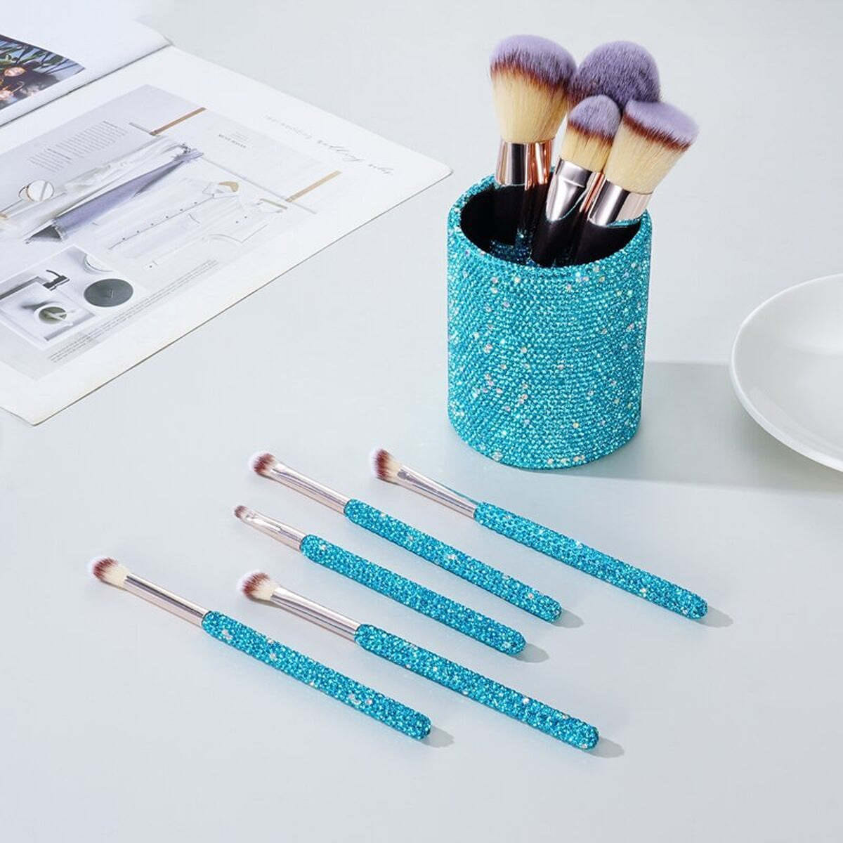 Color: TURQUOISE - Bling Bling Shimmer Stones Encrusted 9-Piece Makeup Brushes and Holder Vanity Set