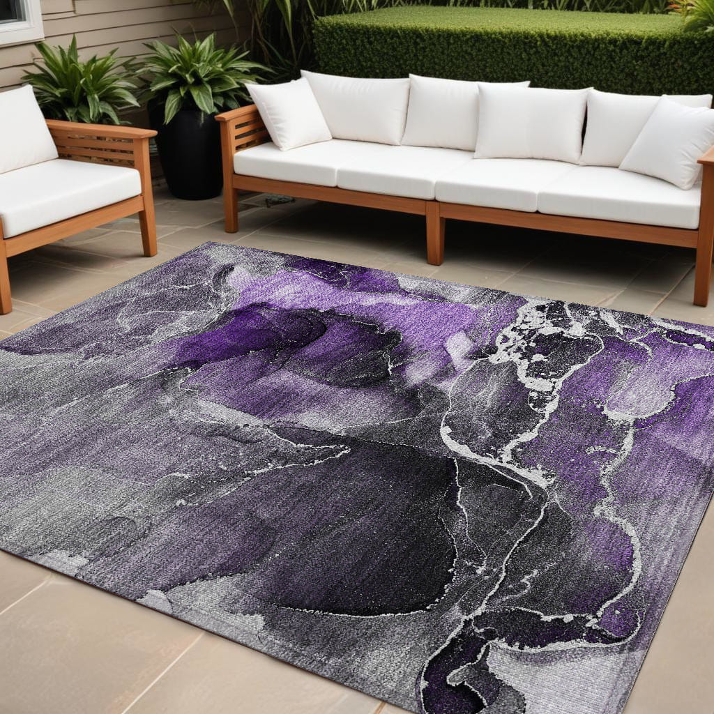 10' X 14' Gray and Purple Abstract Washable Non Skid Indoor Outdoor Area Rug