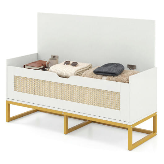 39.5" Rattan Storage Chest Wicker Shoe Bench with Padded Seat Flip-Top-White
