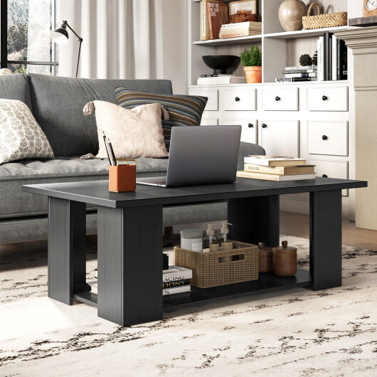 Costway Large 36/41 Inch 2-tier Wooden Modern Coffee Table with Storage Shelf-Black