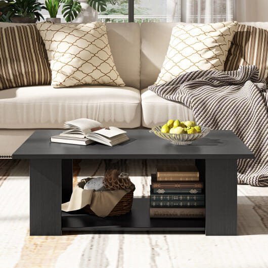 Costway Large 36/41 Inch 2-tier Wooden Modern Coffee Table with Storage Shelf-Black