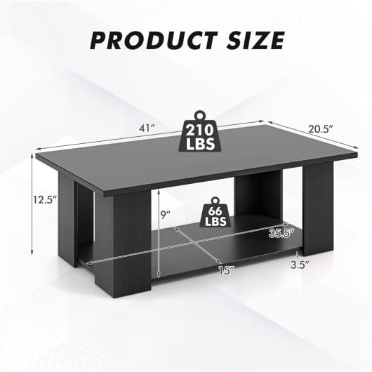 Costway Large 36/41 Inch 2-tier Wooden Modern Coffee Table with Storage Shelf-Black
