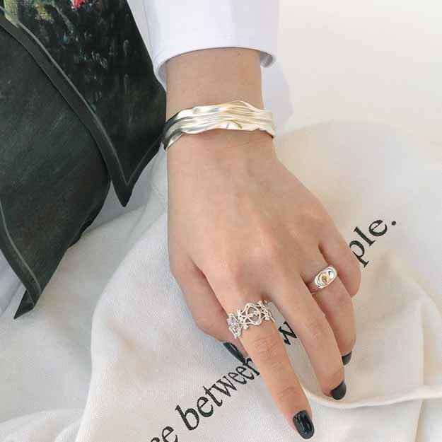 Irregular Folds 925 Sterling Silver Open Bangle