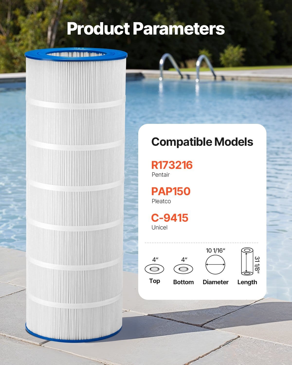 Pool Filter Cartridge, 150 Sq. Ft Spa Hot Tub Filter Cartridge Replacement, Compatible with Pentair R173216, Pleatco PAP150, Secure for Kids & Pet, Trilobal Pleated, Easy to Clean