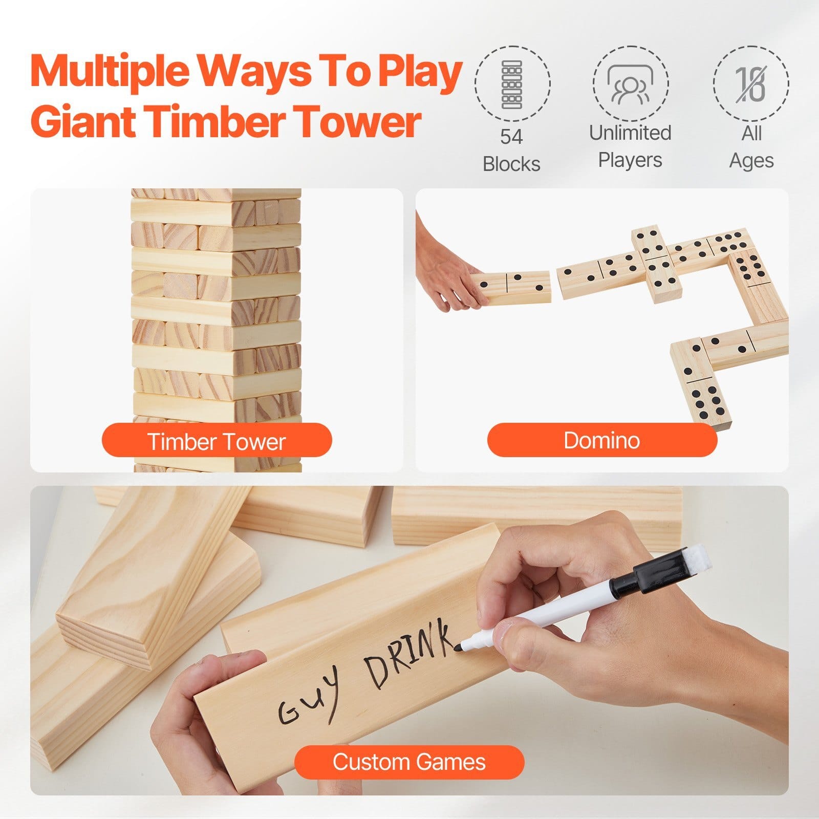 Tumbling Timber Toy, 54 Blocks Tumble Tower Blocks Game, Pine Wood Tumbling Tower Game with Storage Crate, Multiple Ways to Play Wooden Stacking Game, Tumble Tower Family Game for Indoor/Outdoor