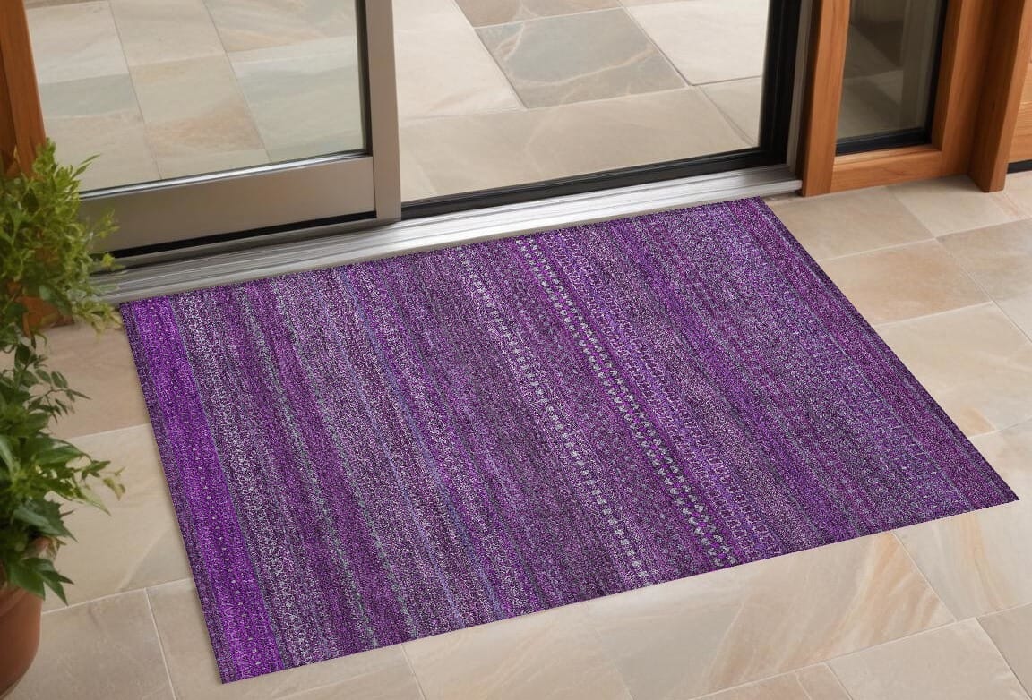 3' X 5' Eggplant Striped Washable Non Skid Indoor Outdoor Area Rug