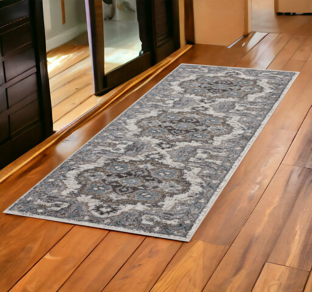 6' Ivory Taupe and Gray Medallion Power Loom Runner Rug