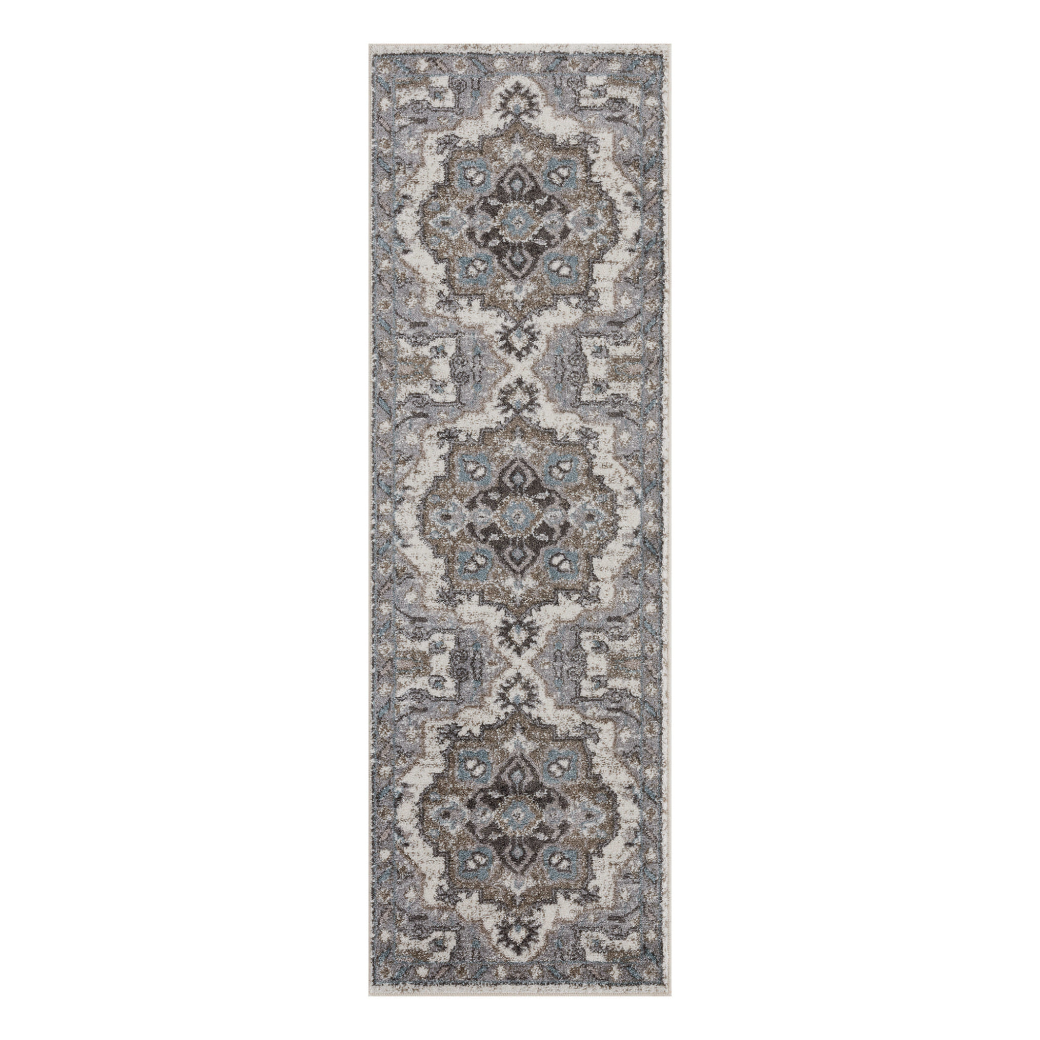 6' Ivory Taupe and Gray Medallion Power Loom Runner Rug