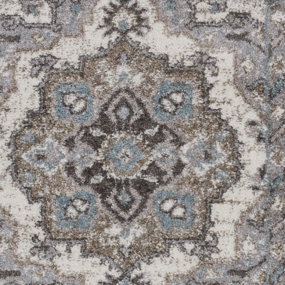 6' Ivory Taupe and Gray Medallion Power Loom Runner Rug